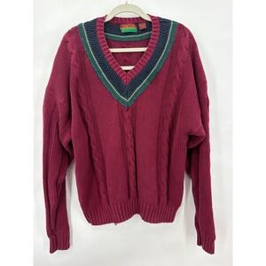 Vintage Oakton Limited Burgundy Cable Knit Cotton V-Neck Sweater Mens XL